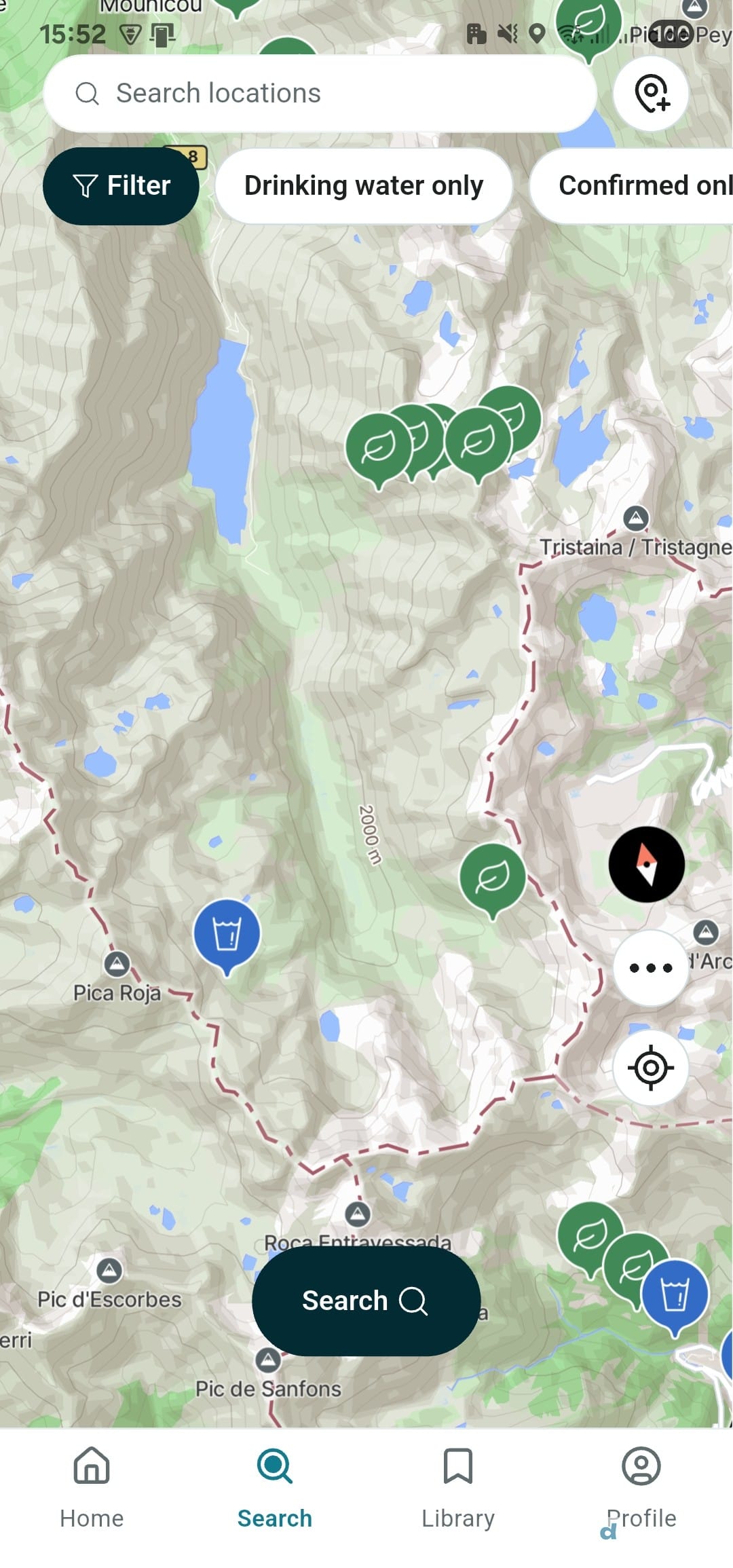 droply map screen with "Drinking water only" and "Confirmed only" filter toggles above a mix of spring and tap markers