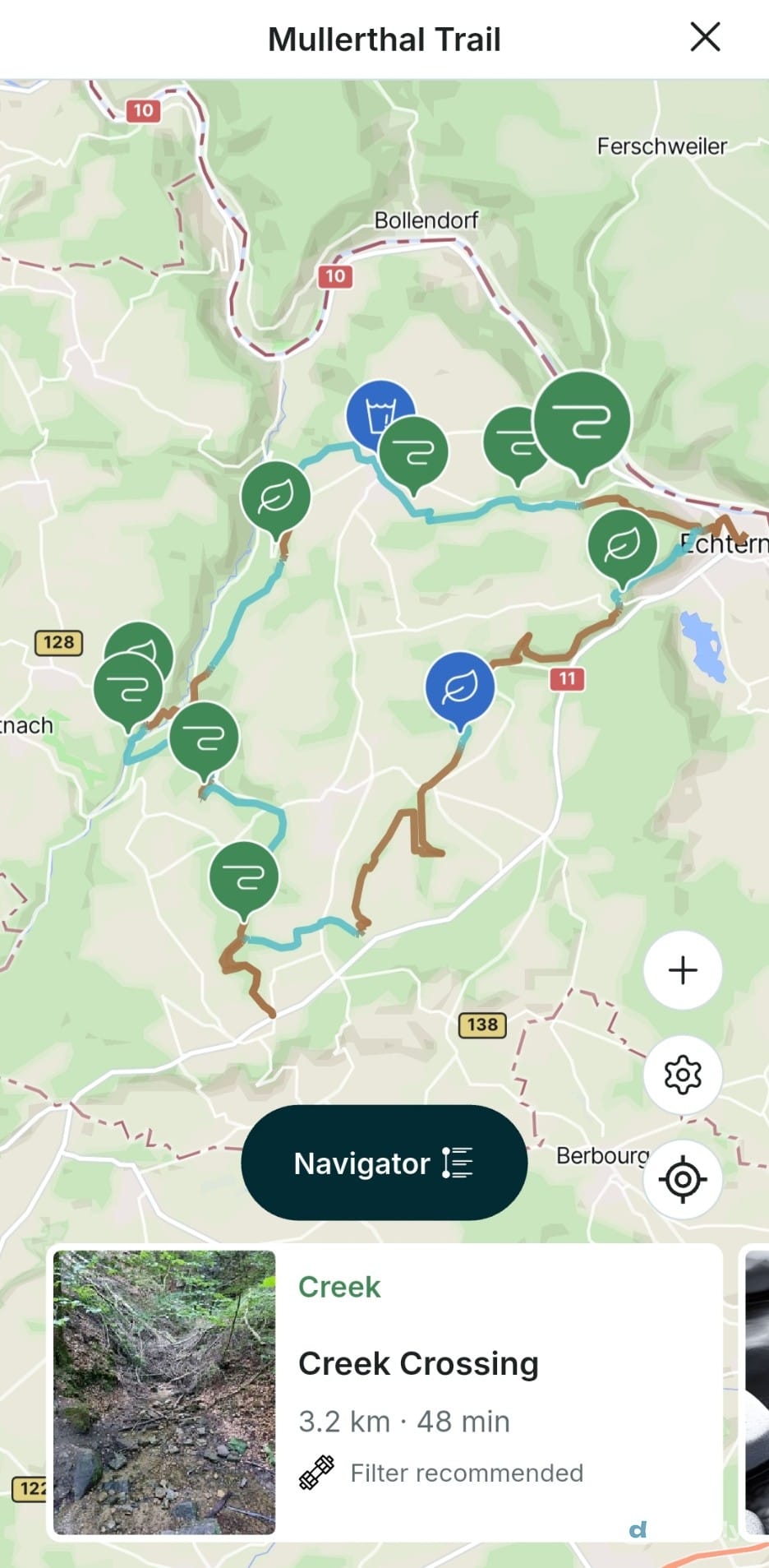 Die Karte des droply Navigators für Route 2 des Mullerthal Trail mit markierten Wasserstellen