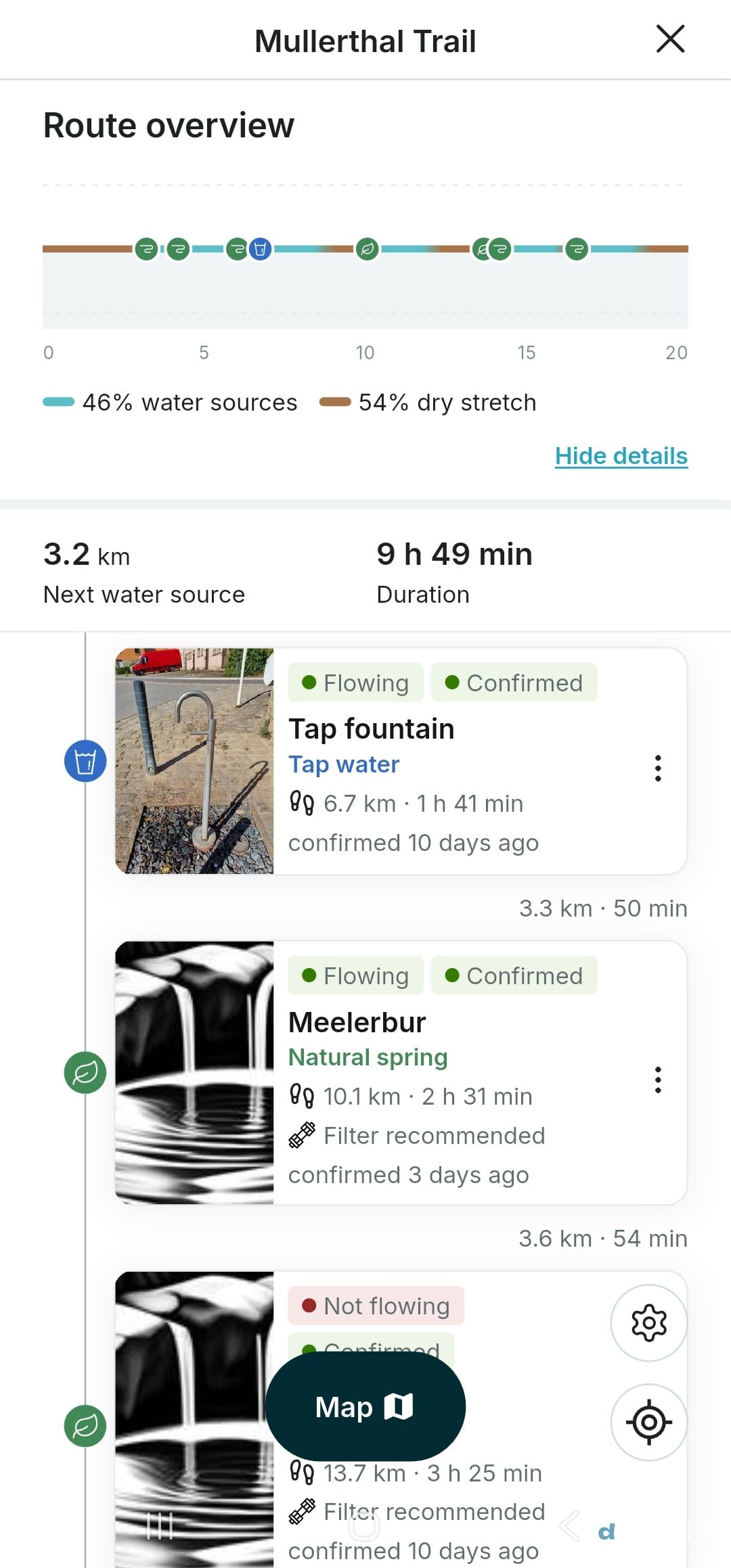 Die Wasser-Zeitleiste des droply Navigators für den Mullerthal Trail mit Wasserhahn und Quelle
