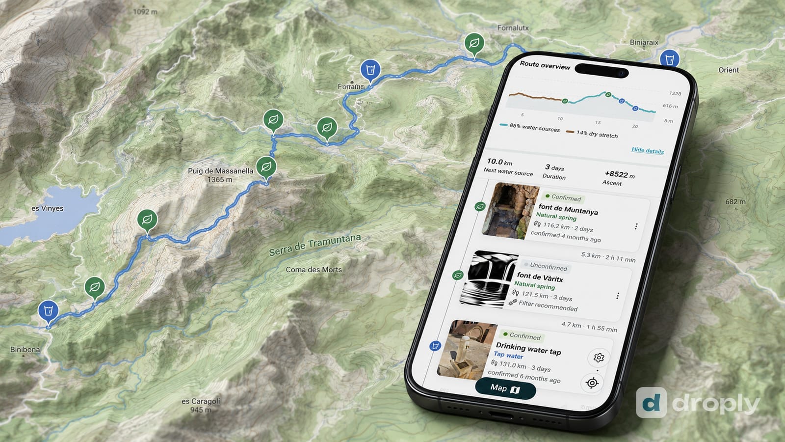 droply Navigator route overview on a phone, showing water sources and a dry stretch along a mountain trail