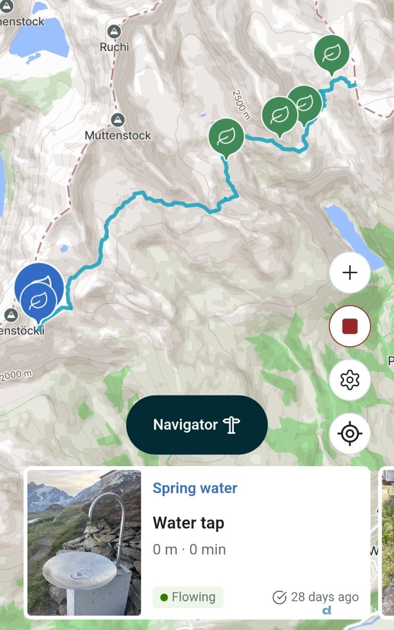 droply navigator screen mid-route with a source card reading "Spring water" and "Water tap," status "Flowing," checked 28 days ago