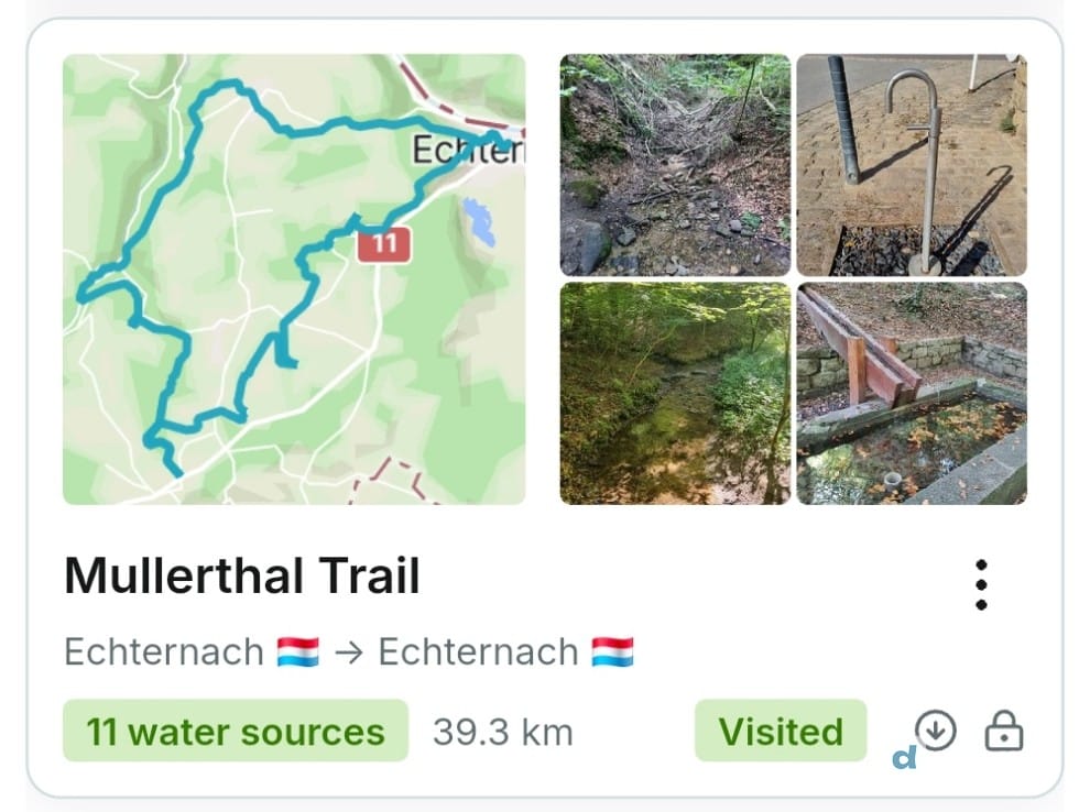 Die Routenkarte des Mullerthal Trail in droply mit 39,3 km und 11 Wasserstellen