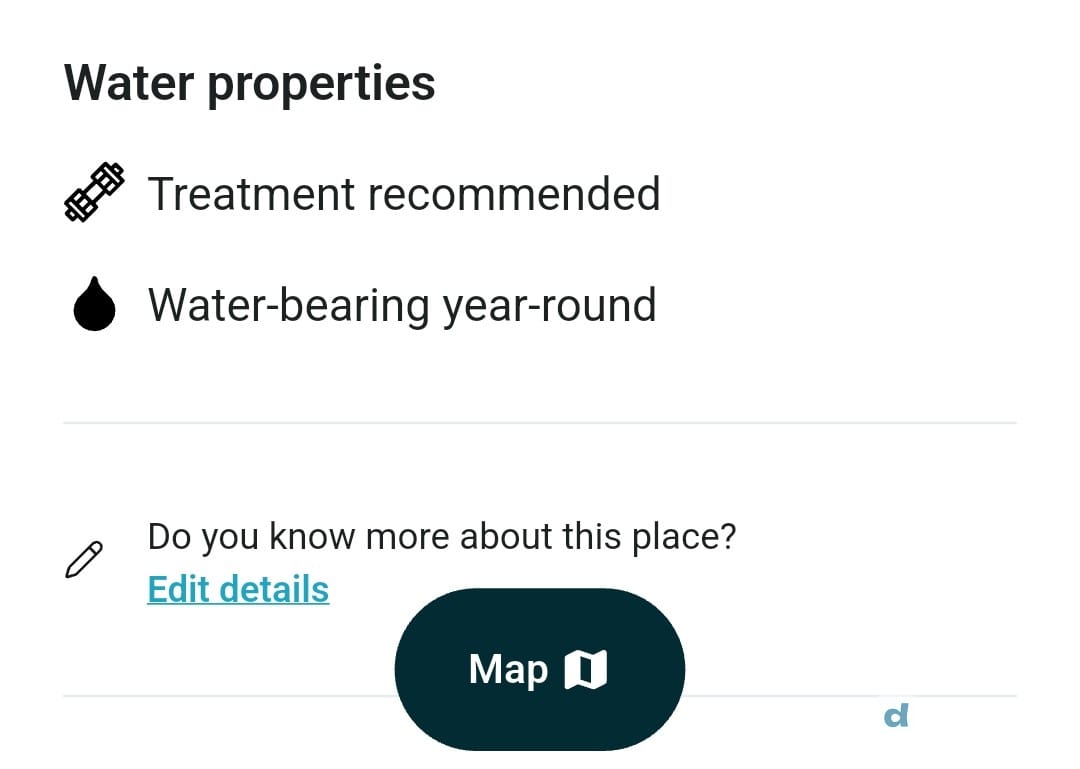 droply source detail screen listing "Treatment recommended" and "Water-bearing year-round" as properties of a mapped source