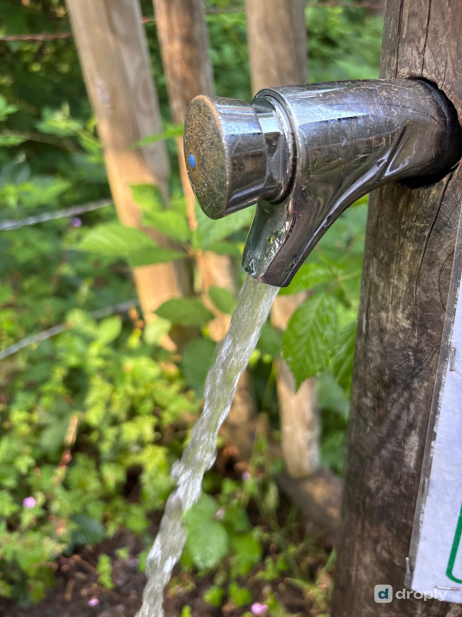 Ein rustikaler Holzbrunnen mit zwei Auslässen, die Wasser ins Grün laufen lassen, nahe Golinhac im Aveyron, Frankreich