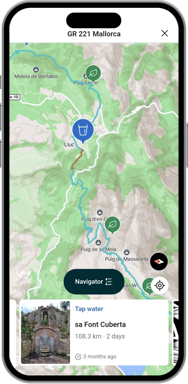 droply Kartenansicht mit einer Route und ihrem trockenen Abschnitt