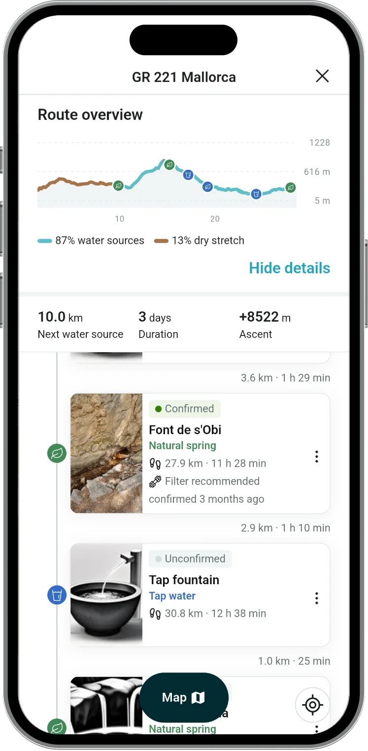 droply Routenübersicht mit Wasserstellen und trockenem Abschnitt